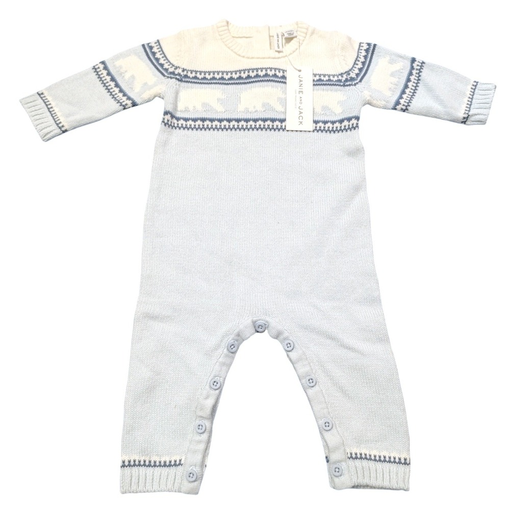 Janie and Jack Baby Blue Polar Bear Fair Isle Cotton Knit One-Piece 3-6 Months